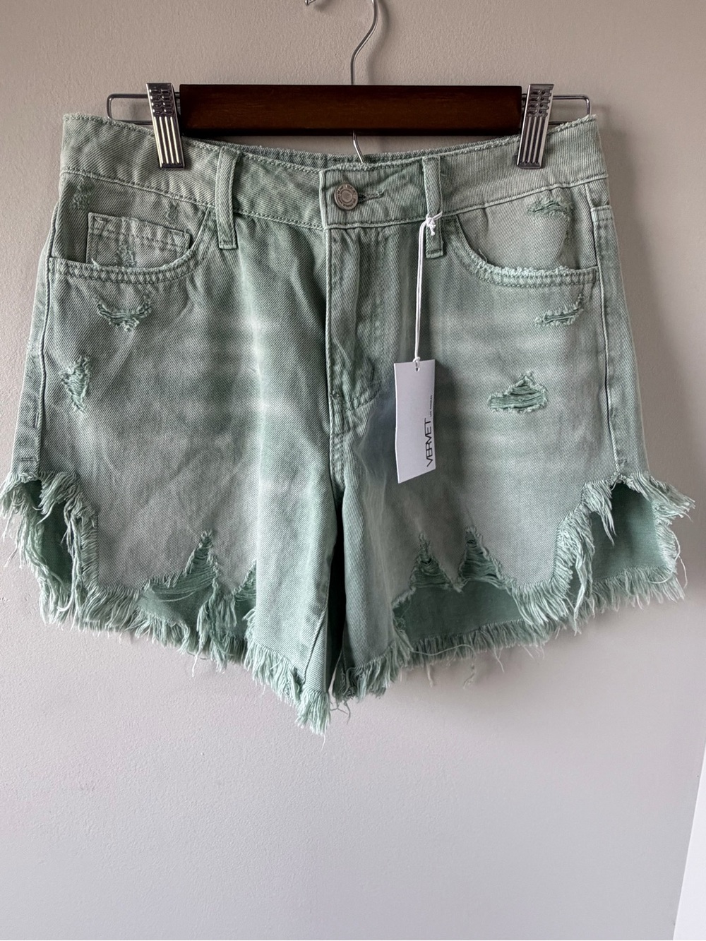 Vervet Sage Green Distressed Denim Shorts Size Small | Raw Hem High Rise| NWT - Picture 2 of 14
